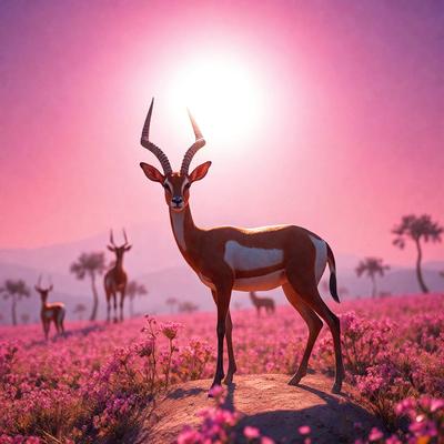 The primary subject of the image is a large, horned animal, possibly a gazelle or a deer, standing in a field of pink flowers. The setting is a sunny day, with the sun shining brightly in the background. The visual style of the image is a digital art or illustration, creating a vibrant and lively atmosphere. The dominant colors in the image are pink and orange, giving the scene a warm and inviting mood.